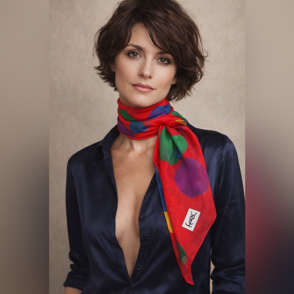 Yves Saint Laurent Red Silk Scarf with Multicolor Dots – 34 x 34 in